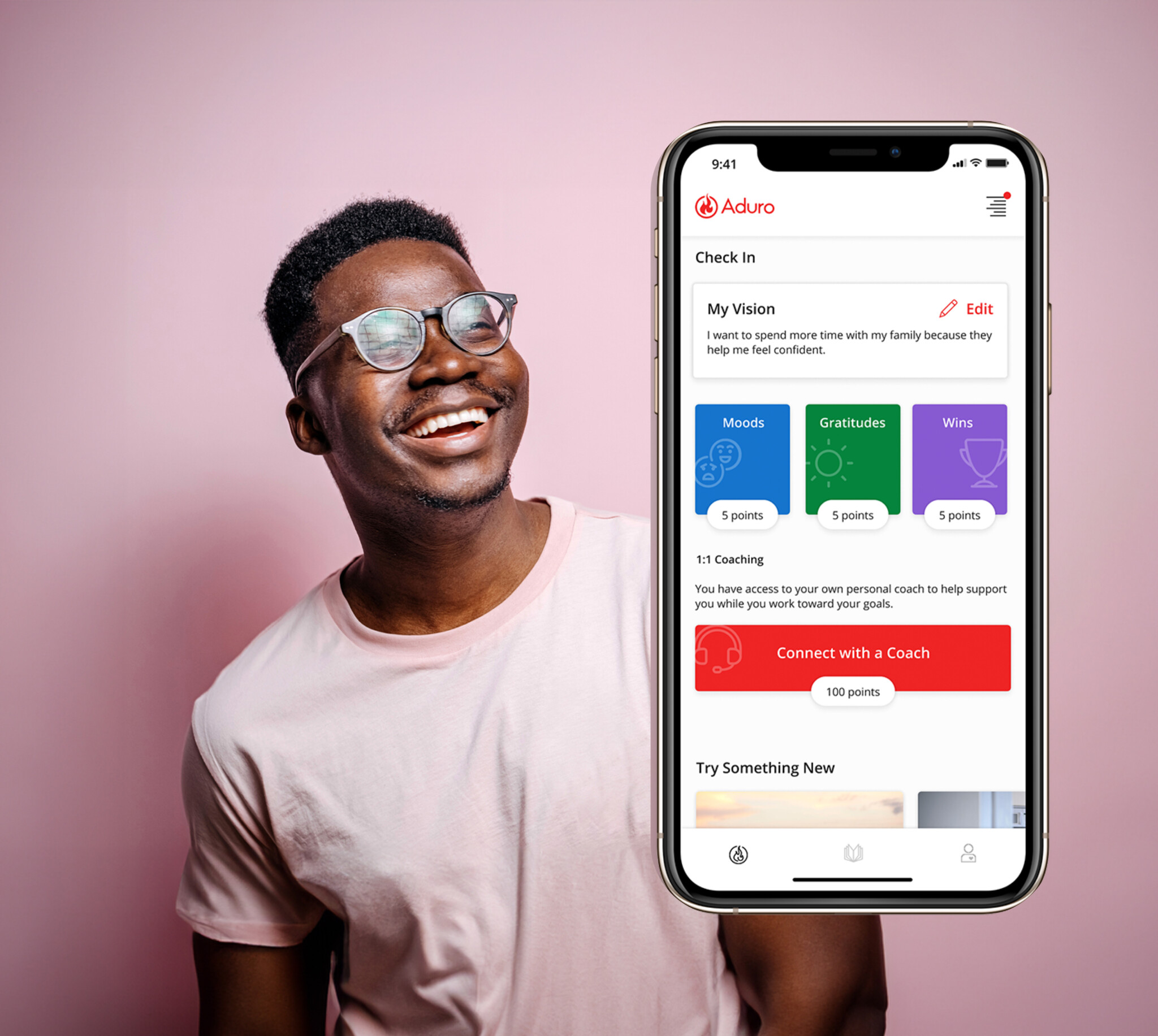 Group Of Humans, Healthspan Image, Aduro mobile application UI with a person of colour in the background